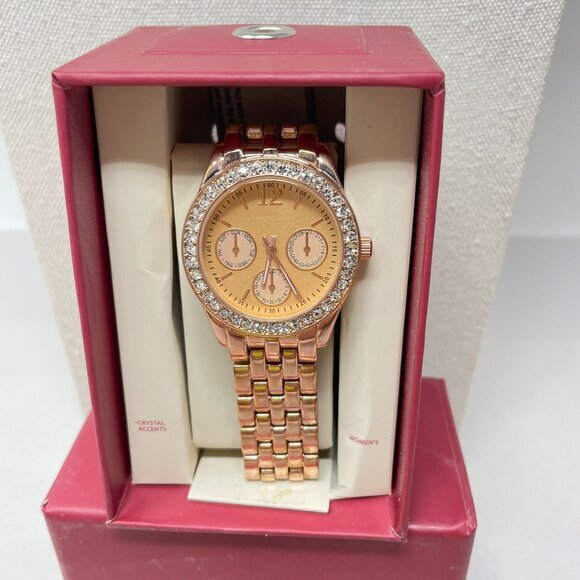 Merona Rose Gold-Tone Crystal Inlay Analog Womens Watch New - Picture 2 of 10